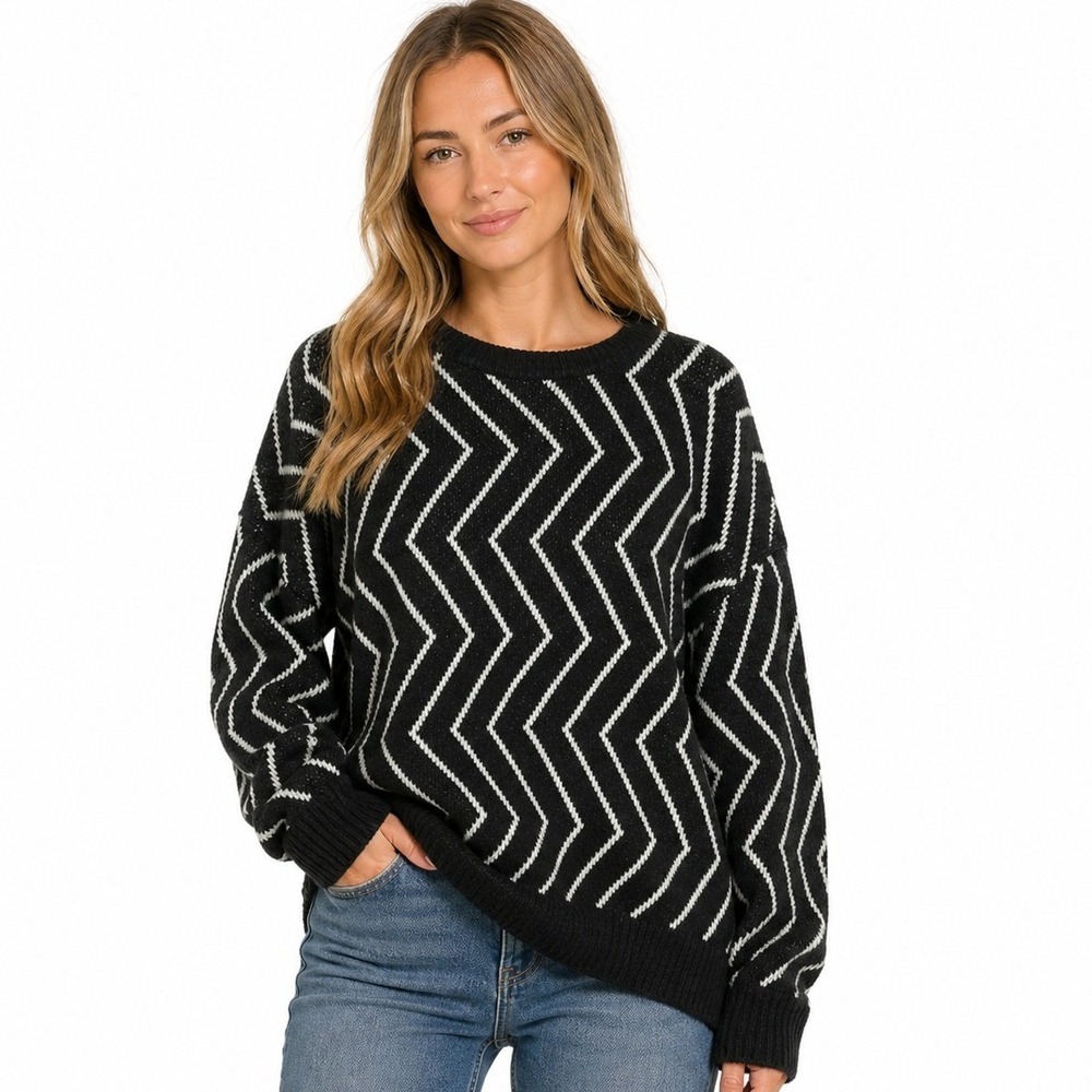 Like‎ Love Womens Zigzag Chevron Crewneck Sweater Black White JOE1-68X Large